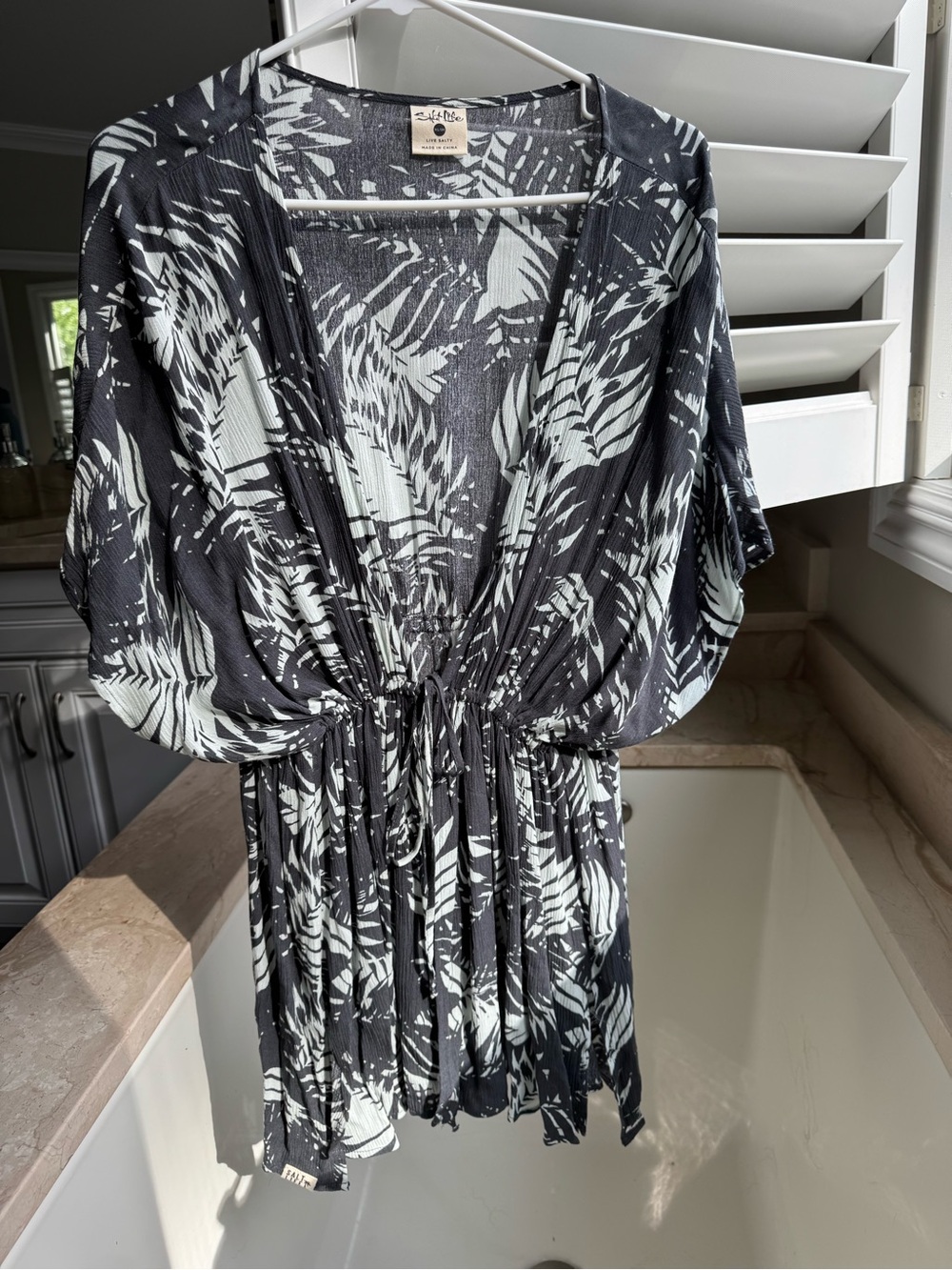 Salt Life Black and White Palm-Print Swim Coverup with Drawstring